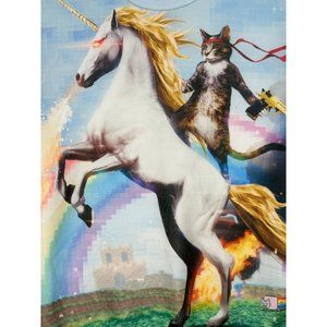 Fantasy Sharpshooter Cool Cat Golden Gun Fighting Riding Unicorn Sweatshirt Med